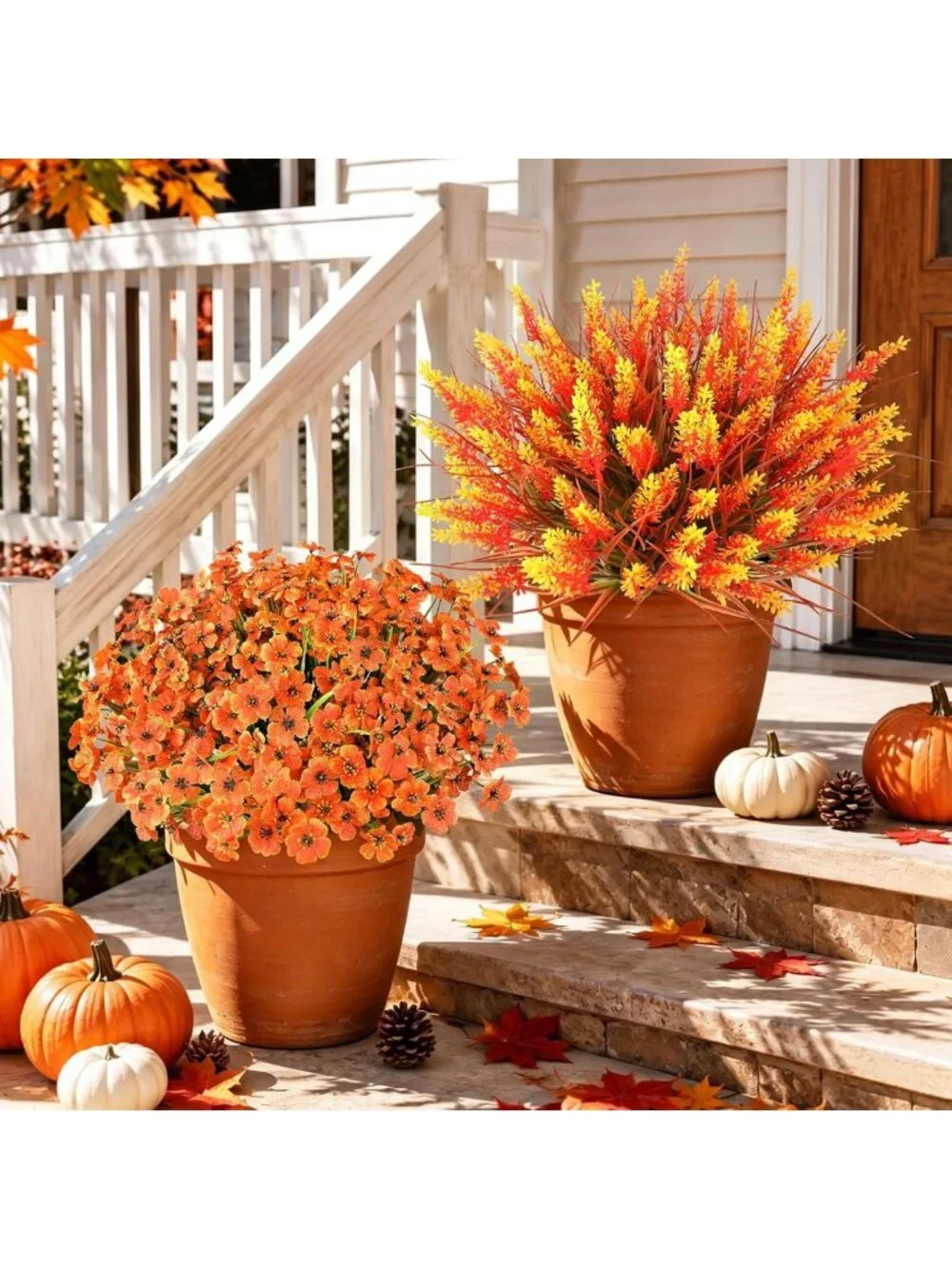 16 Bundles Fall Orange Lavender Flowers & Monkey Grass - UV Resistant Faux